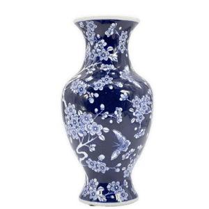 Galt International 14” Hand Painted Chinoiserie Ceramic Vase – Antique Style Porcelain Flower Bottle by Galt International, Fishtail Chinese Vase for Home Decor & Centerpiece - Dark Blue Floral