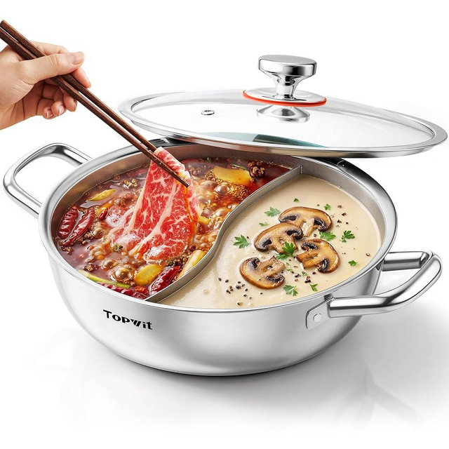 TOPWIT 3-Ply Construction 316 Stainless Steel Double-flavor Shabu Shabu Pot, 5.5QT Hot Pot with Divider, 11″ Dual Side Pot for Cooking, Hotpot for Induction Cooktop, Gas/Ceramic Cooktop, Hot Burner