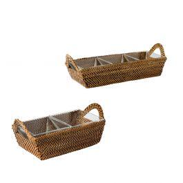 Rattan Rectangular Tray with Handles with 3 Dividers