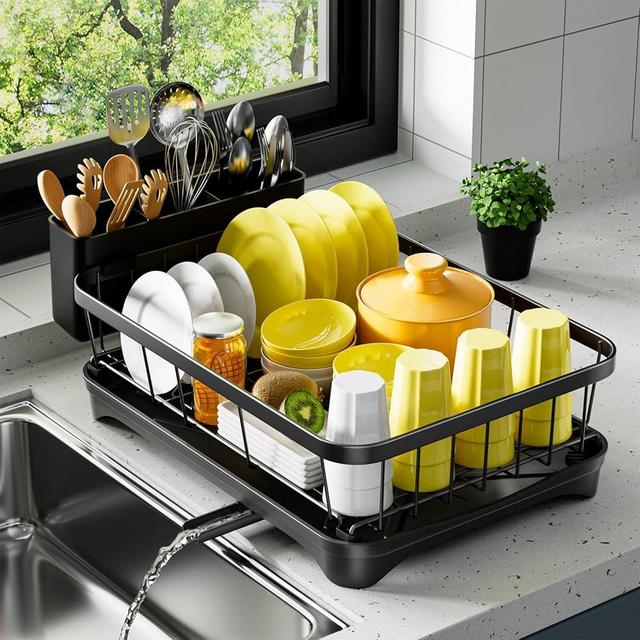 arshray Dish Drying Rack Single Layer with Utensil Holder, Adjustable Spout Auto-Draining Dish Rack for Kitchen Counter, Large Capacity for Plates, Bowls, Cups, Dish Drainer with Drainboard,Black
