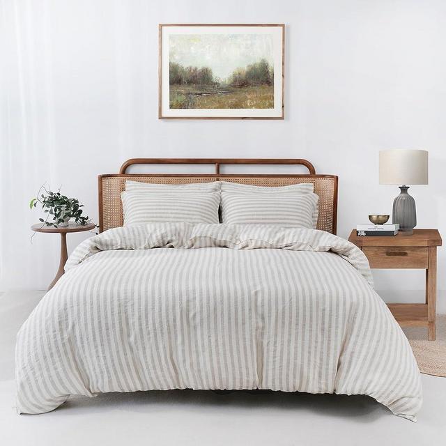 S VICTORY SYMBOL 100% Linen Duvet Cover Set Yarn Dyed Classic Beige Stripe French Natural Flax Bedding Set King Size,3pcs Farmhouse Comforter Cover Set