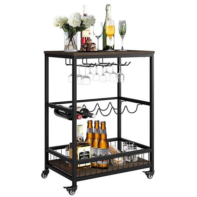 Mobile Bar Cart for Home, Bar Serving Cart on Wheels, Rolling Wine Cart, Industrial Beverage Cart with Wine Rack and Glass Holder, Dark Brown