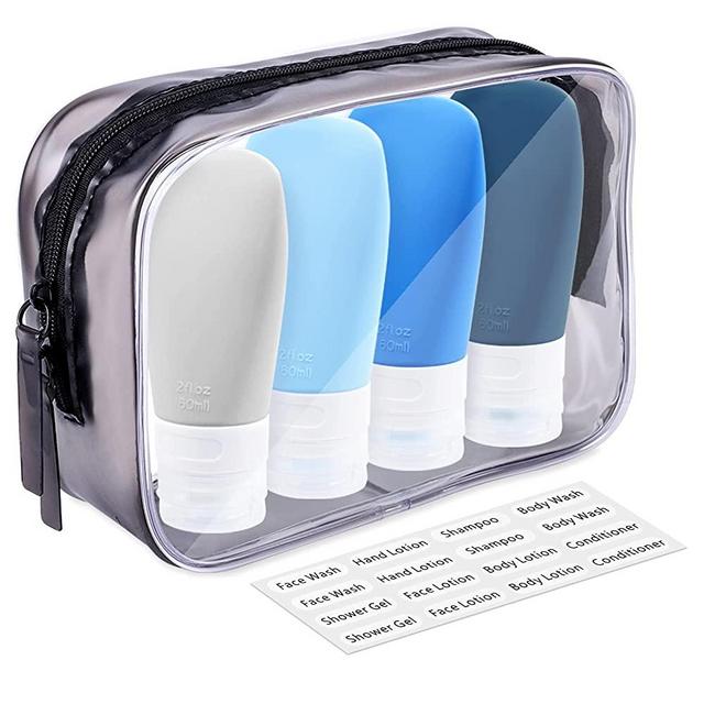 Portable Travel Bottles, INSFIT TSA Carry On Approved Toiletries Containers, 2 Ounce Leak Proof Squeezable Silicone Tubes, Refillable Travel Accessories for Shampoo Body Wash Liquids 4 Pack Blue