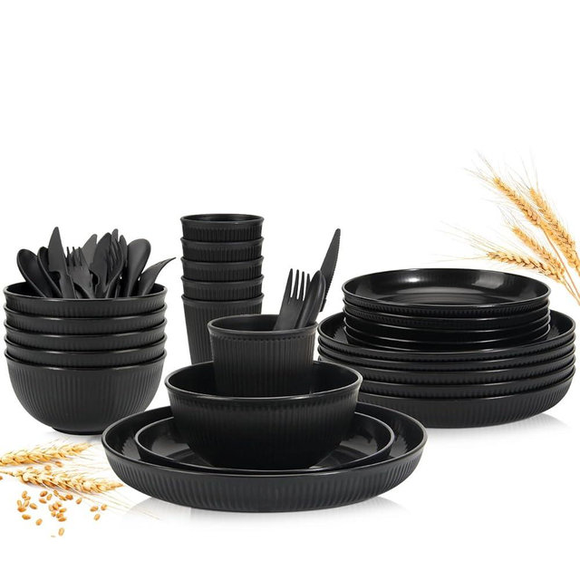 OAMCEG Plates and Bowls Sets Kitchen 30 Pcs, Plastic Wheat Straw Dinnerware Set, Dinner Plate/Dessert Plate/Cereal Bowl/Cup/Flatware Set, Dishwasher Microwave Safe, Outdoor Camping Dishes, Black