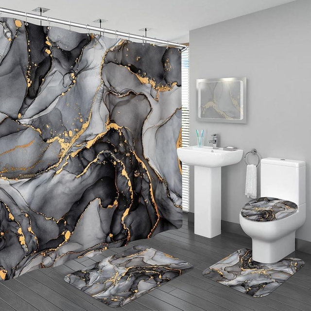 BayNook 4PCS Black Grey Marble Bathroom Sets with Shower Curtain and Rugs, Abstract Shower Curtain Sets with Rugs, Modern Bathroom Curtains Shower Set Accessories with Toilet Lid Cover