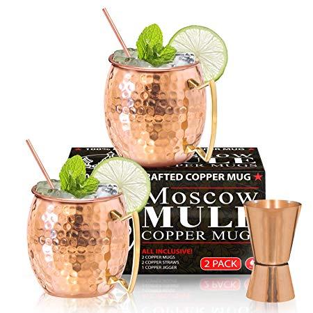 Benicci Moscow Mule Copper Mugs - Set of 2-100% HANDCRAFTED - Food Safe Pure Solid Copper Mugs - 16 oz Gift Set with BONUS: Highest Quality Cocktail Copper Straws and Jigger!