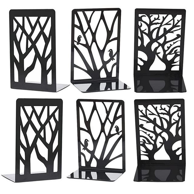 Book Ends Metal Bookends for Shelves, Decorative Bookends for Office School Home, Black Heavy Duty Bookends Abstract Art Design Bookshelf, 3 Pairs, 6 Pieces