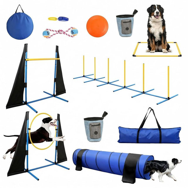 Dog Agility Course Backyard Set - Complete 11-Piece Dog Agility Equipment with Adjustable Hurdles, Jump Ring, Weave Poles, Collapsible Tunnel, Pause Box, Ball for Indoor/Outdoor Training