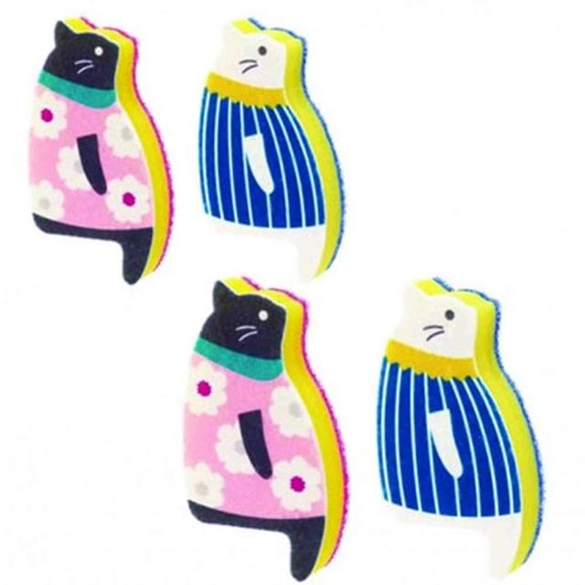 Sink Cat Dish Sponge Scrubber for Washing Dishes Dishwashing Cloth Scrubber Pack of 4 (BluePink Set)