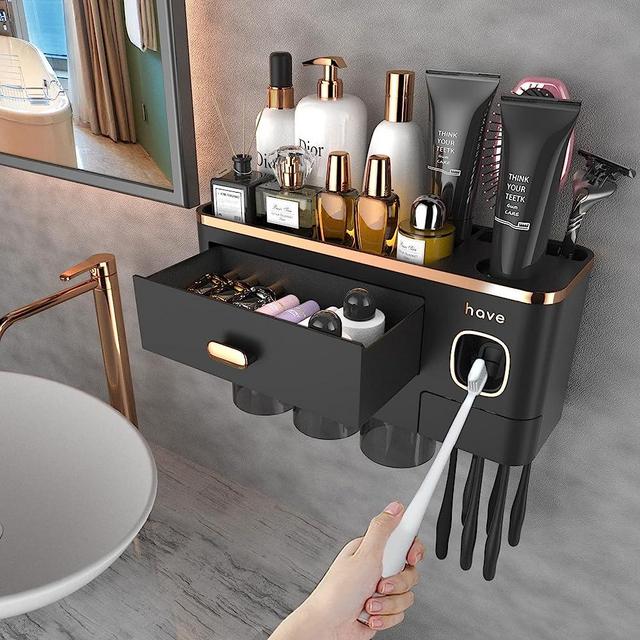 iHave Toothbrush Holders for Bathrooms - Upgrade Wall Mounted Toothbrush Holder with Toothpaste Dispenser - 3 Cups, Large Capacity Tray - Bathroom Accessories & Bathroom Organization and Storage