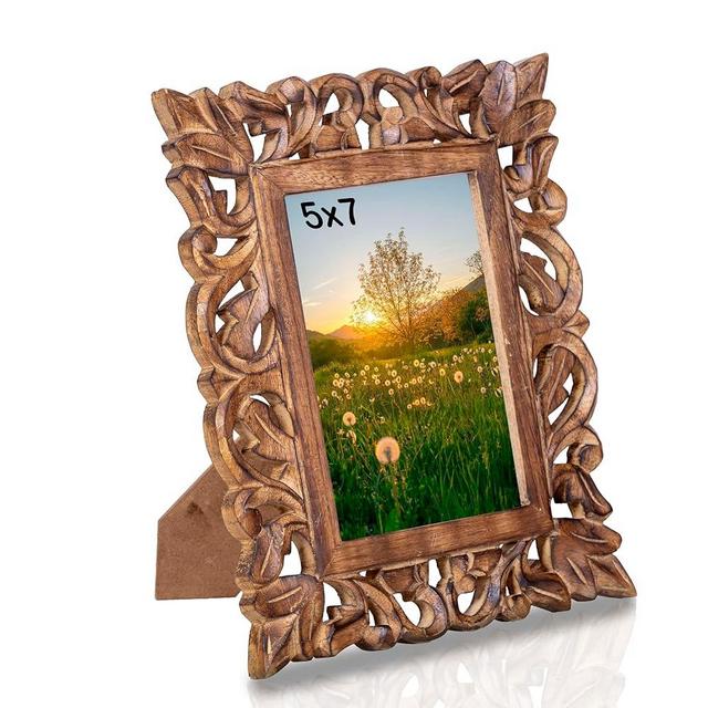indoStrides Hand Carved Mango Wood Rustic 5x7 Picture Frame with Real Glass - Aesthetic Vintage Wood Frame for Tabletop and Wall Mount Use - Rustic Home Decor Perfect for Your Memories