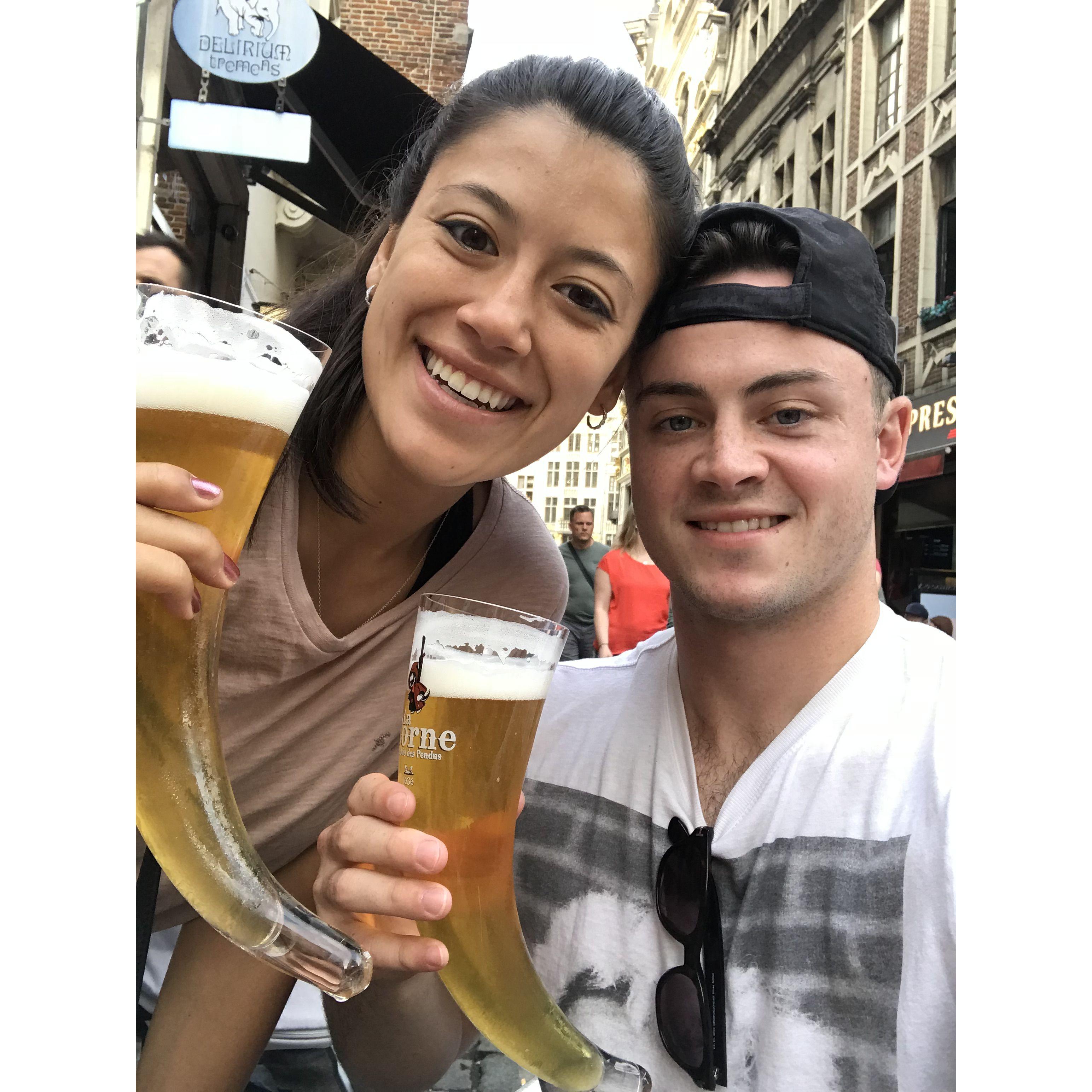 Our first trip to Europe together, featuring Belgian beer horns.