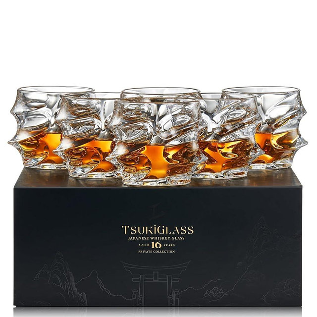 TSUKIGLASS Storm Premium Japanese Crystal Whisky Glasses Set of 6 - Gift Ready Box, 100% Ultra Clarity Lead-Free Crystal, 10oz Tumblers for Bourbon, Scotch & Cocktails, Luxury Gift for Men