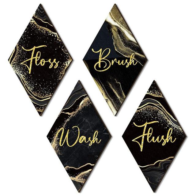 Weysat 4 Pieces Rustic Bathroom Wall Decor Black and Gold Wooden Bathroom Wall Art Marble Wash Brush Floss Flush Sign Farmhouse Hanging Signs Wooden Rustic Wall Decor Art for Home Laundry Spa Room