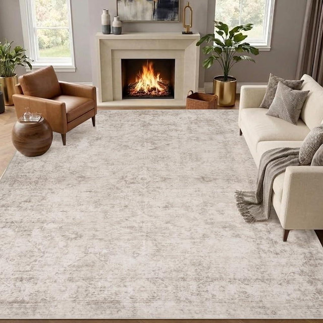 8x10 Area Rugs for Living Room, Machine Washable Rugs, Vintage Non Slip Rug, Faded Style Carpet Stain Resistant, Low Pile Boho Retro Large Rugs for Bedroom Dining Room Indoor Home Office-Beige 8'x10'
