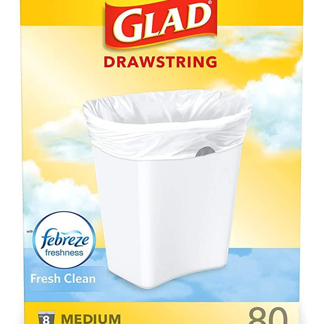 Glad Medium Kitchen Drawstring Trash Bags 8 Gallon White Trash Bag, Fresh Clean Scent, 80 Count (Package May Vary)