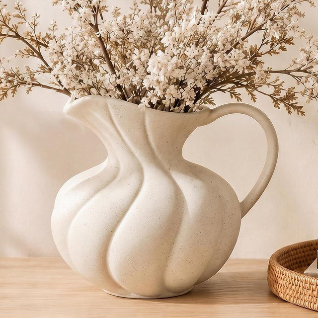 Large White Ceramic Flower Vase Home Decor with Handle, Farmhouse Table Vases Rustic Vintage Living Room Kitchen Bedroom Decorations for House Book Shelf Office Coffee Desk Dining Fireplace