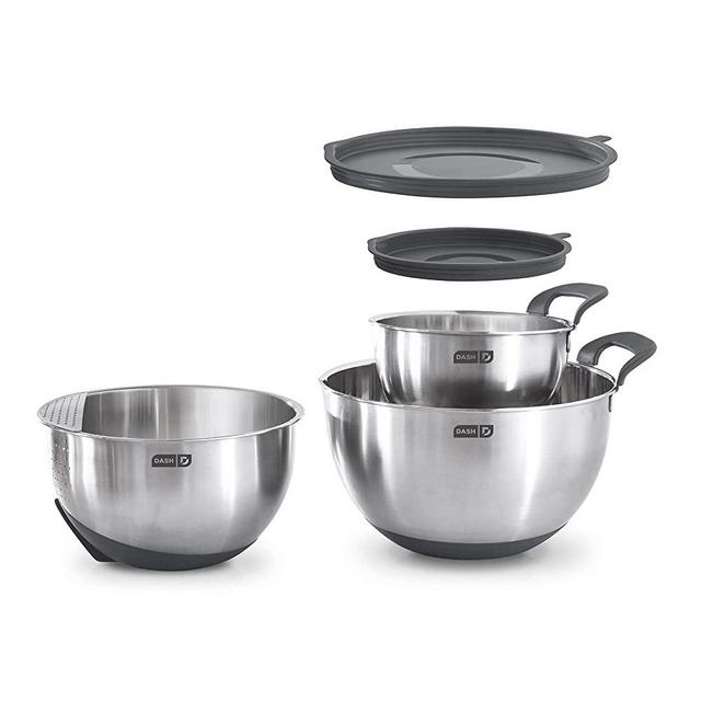 Dash Stainless Steel Set Mixing Bowls, 1.5 Quart, 3 Quart, 5 Quart, Grey