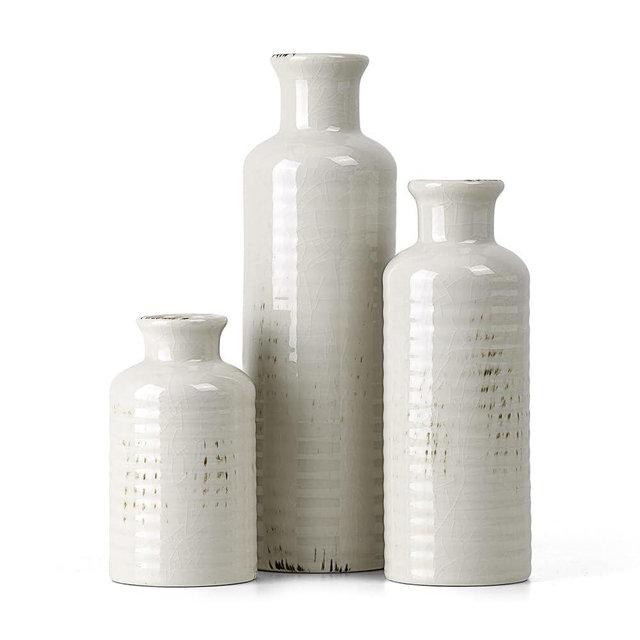 White Ceramic Vase Set of 3, Rustic Vase for Farmhouse Shelves, Ocean Beach Style, Mantle, Fireplace, Coffee Table, Shelf for Living Room