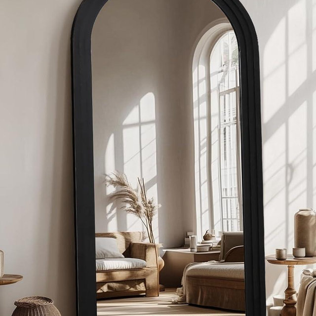 Full Length Mirror, 76"×34" Wooden Mirror Full Length with Stand Wood Floor Mirror, Oversized Stand Up Mirror Large Wall Mirror, Wall Mounted Mirror Full Length, Arched Vintage Style, Black
