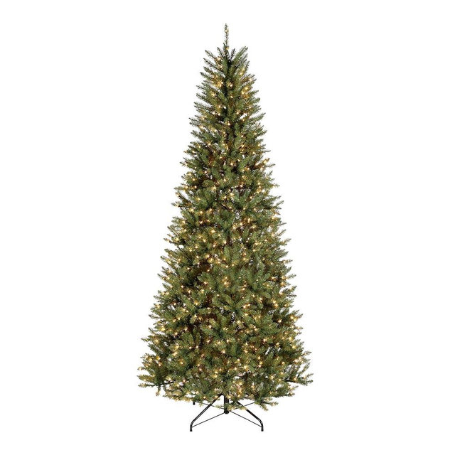 National Tree Company 9 ft Pre-lit Artificial Christmas Tree, Dunhill Fir, 800 Clear Lights, 2,100 Tips, Slim Profile, Includes Stand, Green