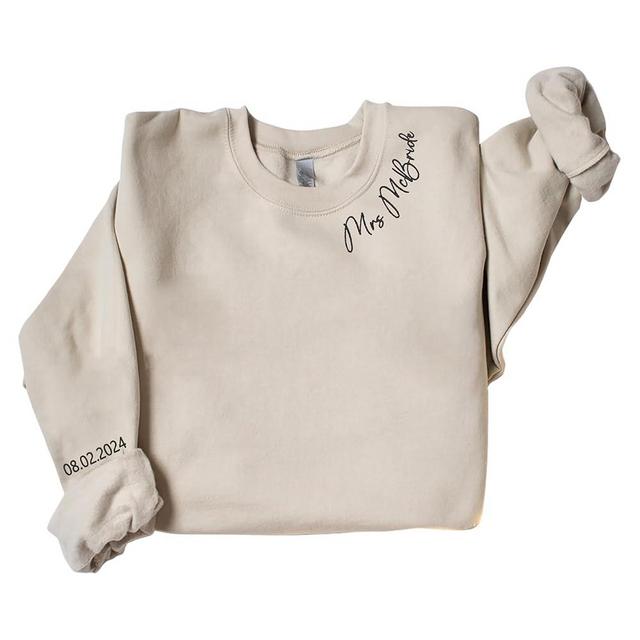 EvaMall Custom Mrs. Embroidered Sweatshirt, Personalized Embroidered Sweatshirt, Date On Sleeve, Name On Neckline, Wife Shirt, Future Mrs Hoodie, Engagement Gift, Bride To Be