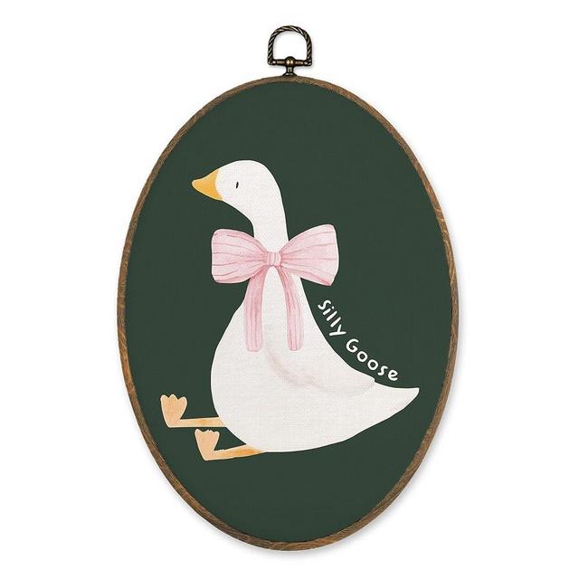 LKETW Coquette Pink Bow Silly Goose Oval Wall Art Decor, Dark Green Goose Oval Canvas Hanging Decor, Preppy Farmhouse Animal Wall Decorations for Girly Room Bedroom Dorm Home, 8.6x11.4 Inch