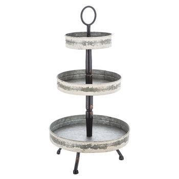 White Distressed Galvanized Metal Round Three-Tiered Tray