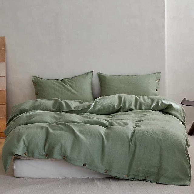 TOSMO 100% Linen Duvet Cover Set with Button Design, 3 Pieces (1 Duvet Cover with 2 Pillowcases), Soft Breathable Durable Farmhouse Bedding - Queen, Sage Green