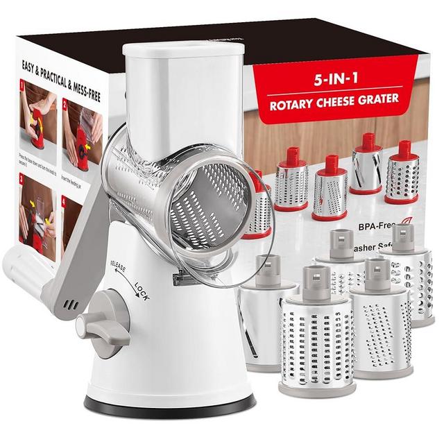 GDL Rotary Cheese Grater, Upgraded 5-in-1 Cheese Grater Hand Crank, Multi-purpose Cheese Shredder with Handle, Vegetable Slicer Cutter Ice Shaver for Potato, Carrot, Nuts, Chocolate, White