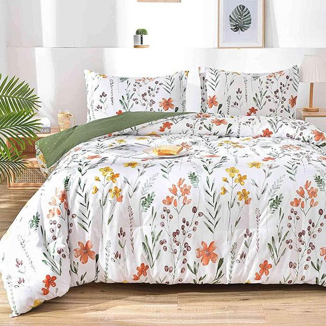 Full Comforter Set , White Yellow Floral , Green Leaf Pattern Print Reversible Down Alternative Comforter - Size 80x90 3PC Soft Microfiber Duvet Sets Vintage Farmhouse Bedding in a Bag for Women Men