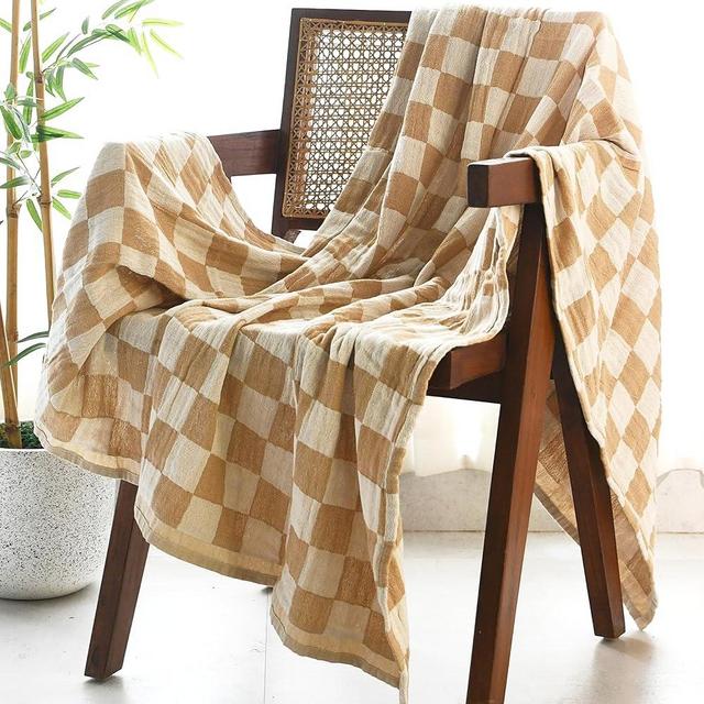 Folkulture Throw Blanket for Couch 50" x 60", 100% Recycled Cotton Couch Blanket and Throws For Chair, Soft Throw Blanket For Bed or Bed Throws For Sofa, Lightweight Throws For Summer (Biscuit Checks)