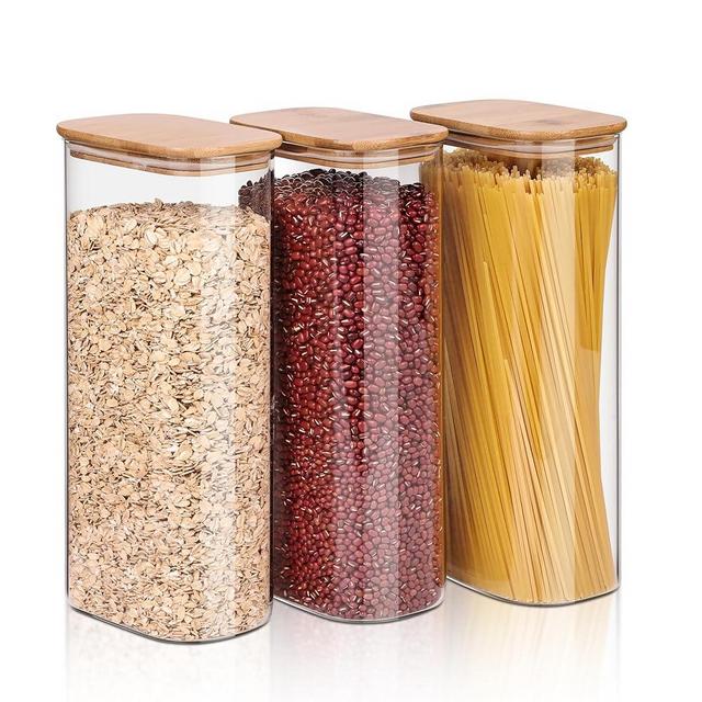 Liuruiyu Glass Storage Jars Set of 3, Clear Glass Food Storage Containers with Airtight Bamboo Lid Stackable Kitchen Canisters for Candy,Cookie,Rice,Sugar,Flour,Pasta(Flat)