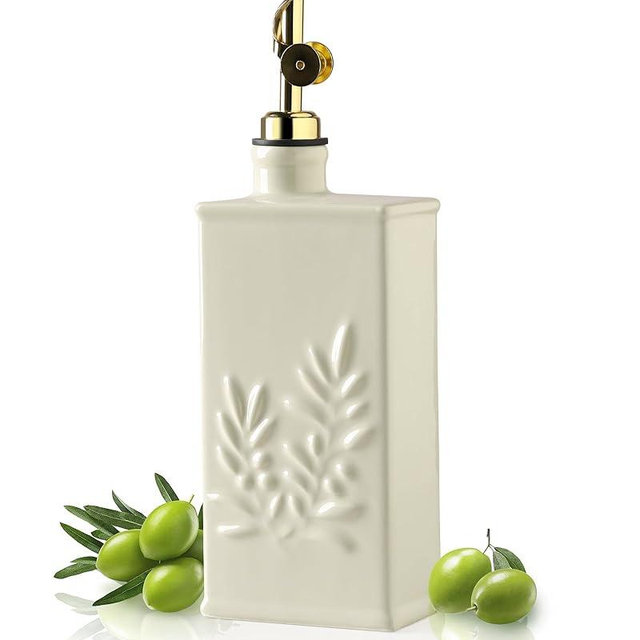 Sweejar Ceramic Olive Oil Dispenser Bottle for Kitchen, 17 Oz Relief Opaque Oil and Vinegar Dispenser Bottle with Spout, Suitable for Soy Sauce, Coffee Syrup, Liquids (Beige)