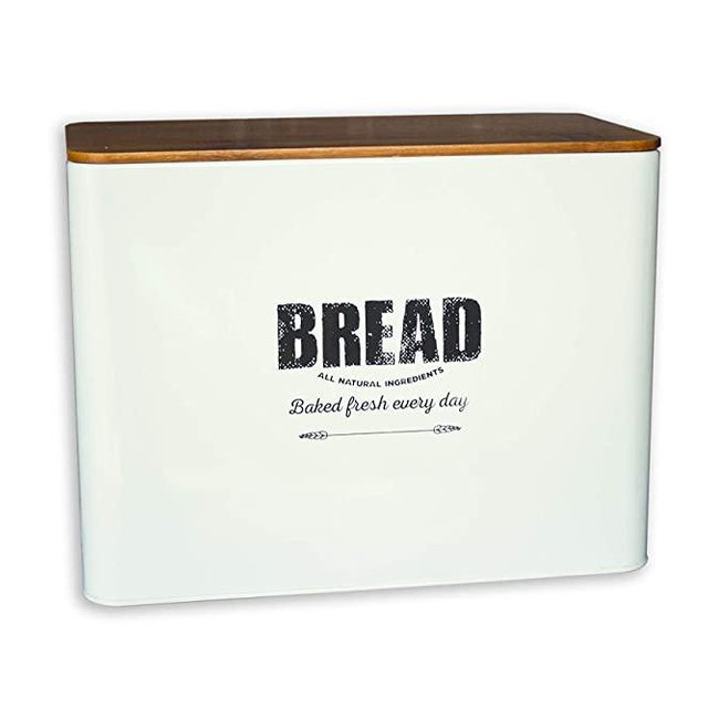 Vintage Bread Box, Metal with Bamboo Lid, Traditional Farmhouse Style - Large, Kitchen Counter Storage Bins for Fresh Loaves, Crackers - Rustic, Decorative Bread Containers and Boxes - WHITE