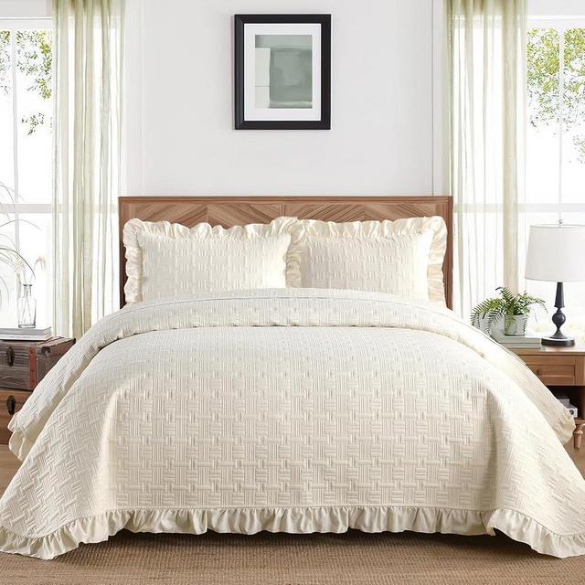 DJY Queen Quilt Bedding Set Beige, Lightweight Soft Bedspreads Queen Size, Basket Weave Quilted Blanket Thin Quilt Bed Cover for All Season - 3 Piece (1 Quilt, 2 Pillow Shams)