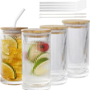 WITH LIDS - Vintage Ribbed Glassware Set, 16oz Drinking Glasses, Origami Style Set of 4, Fluted Design, Ideal for Water, Iced Coffee, Juice, Beer, Milk, Gift (16oz with lids and straws)