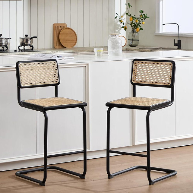 Flouki Counter Stool Rattan Set of 2, Rattan Counter Height Stools with Wood Back, 24 Inch Modern Bar Stools, Mid Century Cantilever Counter Chairs for Kitchen Island, Black Metallic Legs