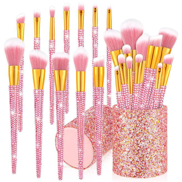 Rtteri 13 Pcs Rhinestone Pink Makeup Brushes Set Yellow Bling Crystal Professional Face Cosmetics Blending Liquid Foundation Powder Concealer Eye Shadows Make up Beauty Tool Glitter with Holder