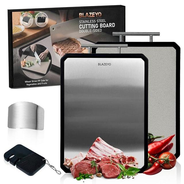 Stainless Steel Cutting Board - Double Sided Steel Cutting Boards for Kitchen - Wheat Straw Pp Board for Meat - Includes Finger Protector & Mini Knife Sharpener - Non Toxic Chopping -16”×11”