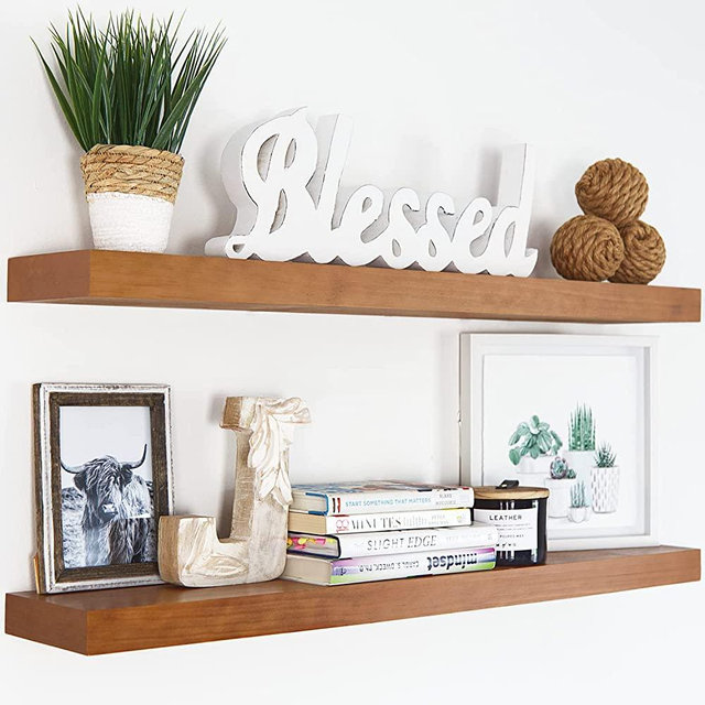 Homeforia Rustic Farmhouse Floating Shelves - Bathroom Wooden Shelves for Wall Mounted - Thick Industrial Kitchen Wood Shelf - 36 x 6.5 x 1.75 inch - Set of 2 - Honey Oak Color
