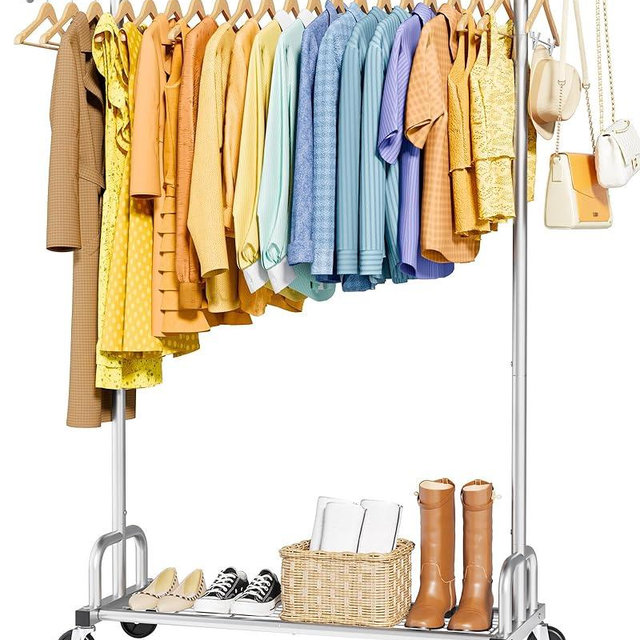Sakugi Clothes Rack - Large-Capacity Clothing Racks for Hanging Clothes with Lockable Wheels, Space-Saving Metal Coat Rack for Bedroom, Laundry Room, Entryway, 45.6" x 16.9" x 59", Silver