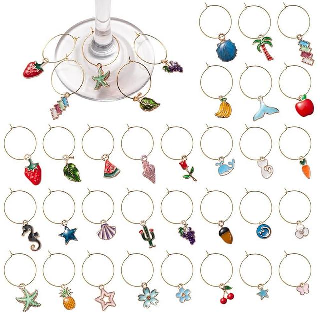 Coowayze Wine Glass Charms, 30PCS Drink Markers for Stem Glasses, Funny Cup Tag Identifiers, Beach Themed Wine Charm Rings, Christmas Decorations, Bachelorette Tasting Party Favors Reusable-Assorted Colors and Sizes