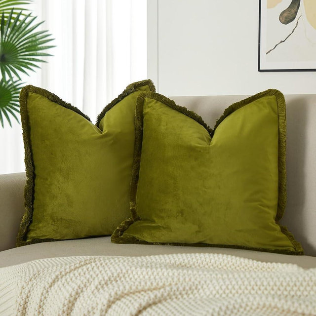 JUSPURBET Pack of 2 Olive Green Decorative Fringe Velvet Throw Pillow Covers 16x16 for Home Decor Living Room Bedroom Car Boho Soft Cushion Cover with Hidden Zipper Machine Washable
