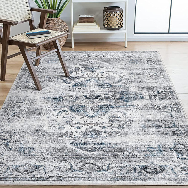 xilixili 8x10 Area Rugs for Living Room - Stain Resistant Anti-Slip Backing Washable Rug,Boho Rugs for Bedroom,Dining Room,Vintage Printed Large Area Rug (Blue/Grey,8'x10')