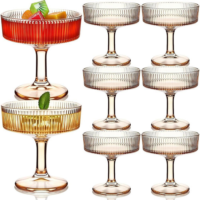 Teenyyou 8 Pcs Ribbed Vintage Coupe Glasses 7 oz Martini Glasses Champagne Coupe Classic Cocktail Glassware Reusable Ribbed Glassware for Cocktail Martini European Style (Champagne Pink)