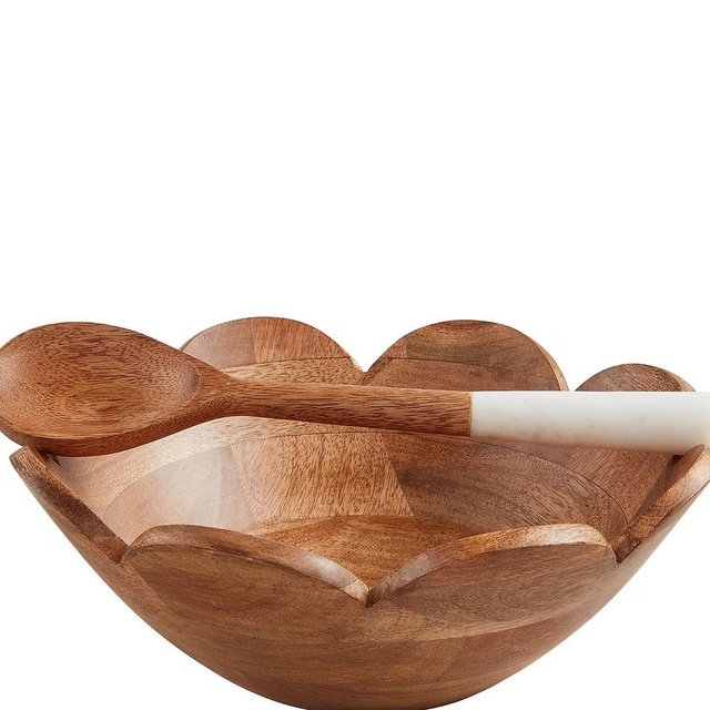 Happy Everything Wood Scallop Bowl & Spoon Set