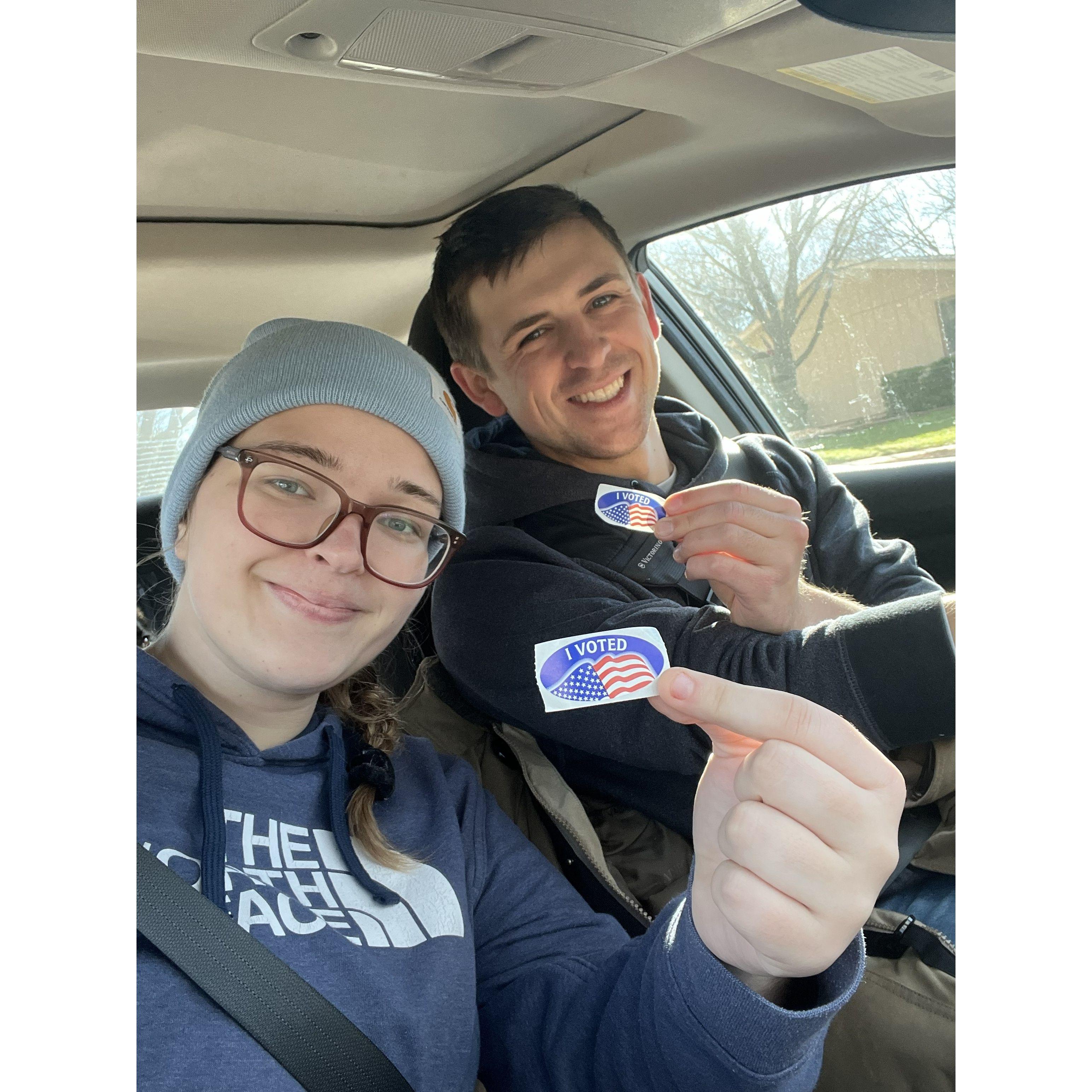2022 - couples that vote together stay together. Not pictured: our "morning NPR" listen and debate sessions.