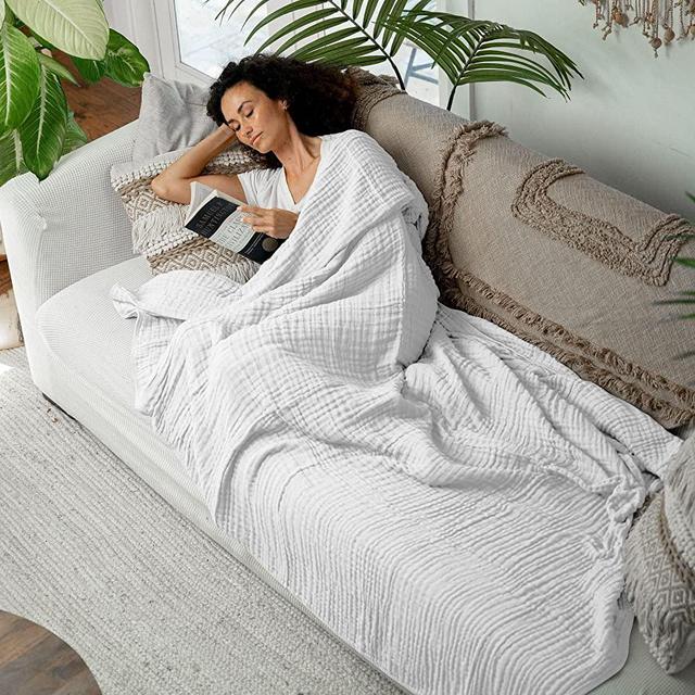 Comfy Cubs King Muslin Blanket, Extra Large Size 108” x 90”, 6 Layer Cooling Cotton Softness, Breathable & Warm Throw for Bedroom, Living Room Couch (White, King - Muslin)