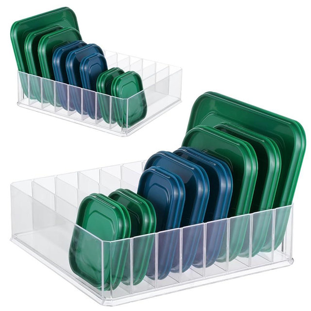 Rainmae Lid Organizer for Food Storage Container, Kitchen Pantry Lid Holder with 7 Adjustable Dividers for Cabinets and Drawer, Countertop Cupboard Lid Organization, Food Storage Container for Lids